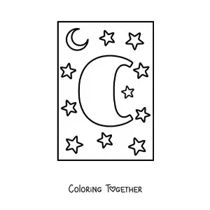 Coloring page of the uppercase letter C with stars and a moon