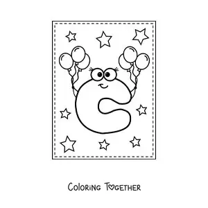 Coloring page of a cartoon uppercase letter C with balloons