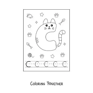 Coloring page of the cartoon letter C shaped like a cat