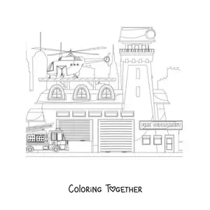 Coloring page of rescue vehicles at the fire station