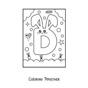 Coloring page of the letter D shaped like a cute kawaii cartoon rabbit