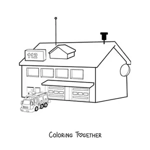 Coloring page of a fire truck leaving the station