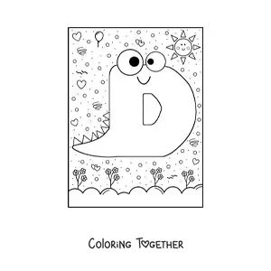 Coloring page of the cartoon letter D shaped like a monster