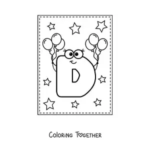 Coloring page of a cartoon uppercase letter D with balloons