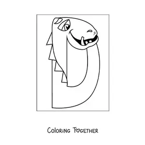 Coloring page of the cartoon letter D shaped like a dinosaur