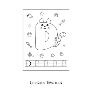 Coloring page of the cartoon letter D shaped like a cat