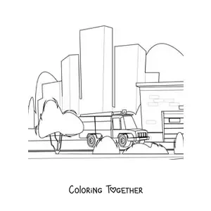 Coloring page of a fire truck in the city