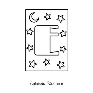 Coloring page of the uppercase letter E with stars and a moon