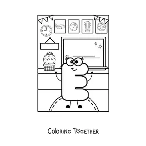 Coloring page of the cartoon letter E at school