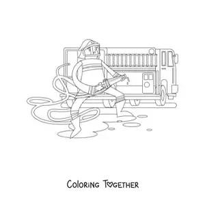 Coloring page of a cartoon firefighter holding a hose