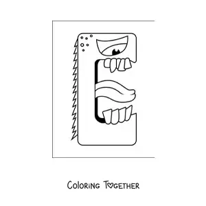 Coloring page of the cartoon letter e shaped like a monster