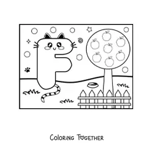 Coloring page of the cartoon letter f shaped like a cat in the park