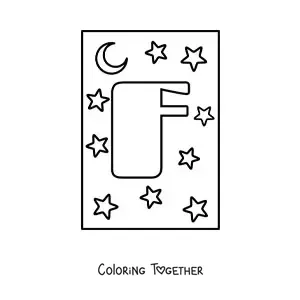 Coloring page of the uppercase letter f with stars and a moon