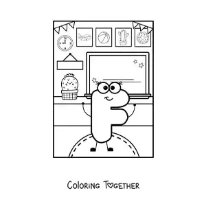 Coloring page of the cartoon letter f at school