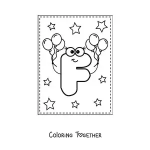 Coloring page of the animated capital letter f with balloons