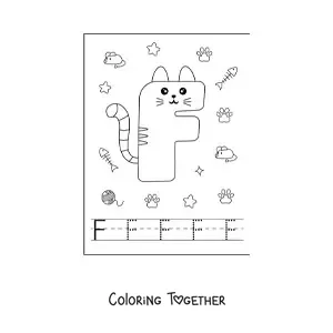 Coloring page of the animated letter f shaped like a cat