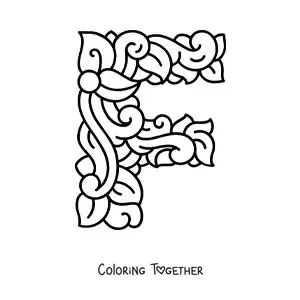 Coloring page of the decorated capital letter f