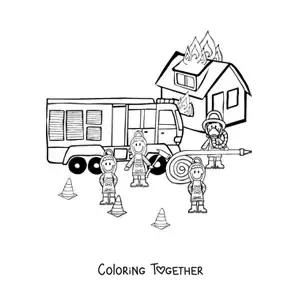 Coloring page of several cartoon firefighters putting out a fire