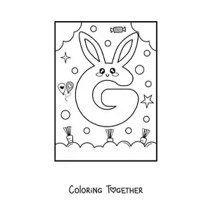 Coloring page of the letter g shaped like an animated kawaii rabbit