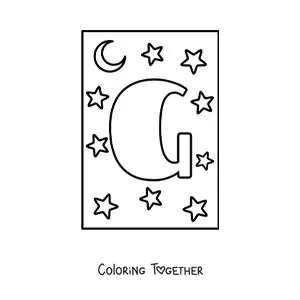 Coloring page of the capital letter g with stars and a moon