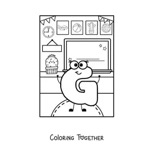 Coloring page of the animated letter g at school
