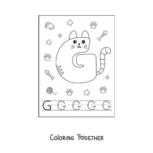 Coloring page of the animated letter g shaped like a cat