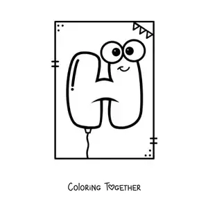 Coloring page of the animated letter h shaped like a balloon