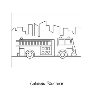 Coloring page of a fire truck driving through the city