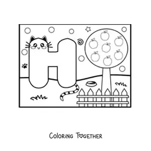 Coloring page of the animated letter h shaped like a cat in the park