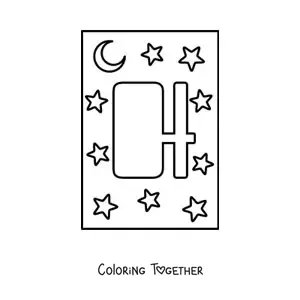 Coloring page of the capital letter h with stars and a moon