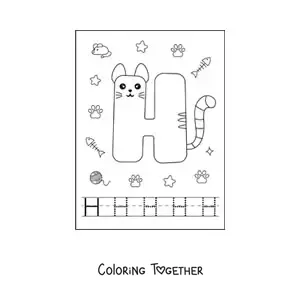 Coloring page of the animated letter h shaped like a cat