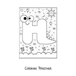 Coloring page of the cartoon letter h shaped like a monster
