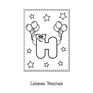 Coloring page of the animated capital letter h with balloons
