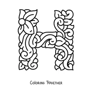 Coloring page of the decorated capital letter h