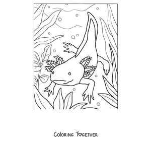 Coloring page of an adult axolotl swimming among tall seaweed