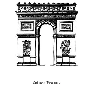Coloring page of the Arc de Triomphe with columns and gardens on the sides