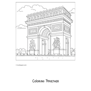 Coloring page of the Arc de Triomphe in perspective surrounded by gardens