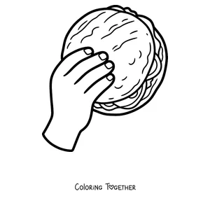 Coloring page of a hand holding a stuffed arepa