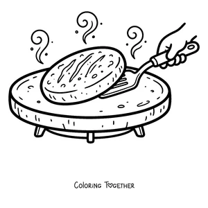 Coloring page of an arepa cooking on the griddle