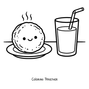 Coloring page of an arepa with a glass of juice