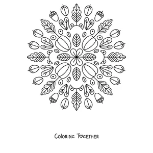 Coloring page of an autumn mandala with acorns and oak leaves