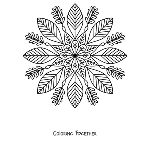Coloring page of an autumn mandala with long leaves spreading from the center