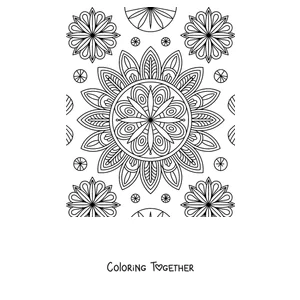 Coloring page with a large autumn mandala surrounded by smaller mandalas and flowers