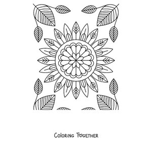 Coloring page of a sunflower mandala surrounded by autumn leaves
