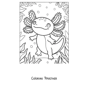 Coloring page of an axolotl walking among water plants