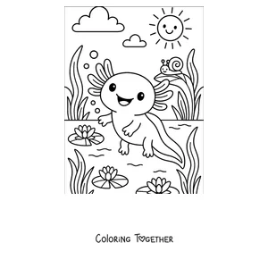Coloring page of an axolotl by a pond with a snail and the sun