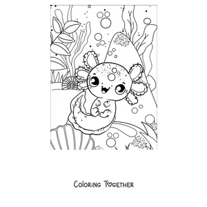 Coloring page of a big-eyed axolotl sitting on a seashell