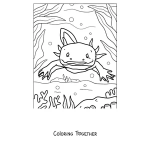 Coloring page of a cheerful axolotl swimming among algae