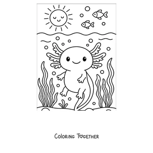 Coloring page of an axolotl swimming under a smiling sun