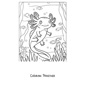 Coloring page of an axolotl swimming among little fish and plants